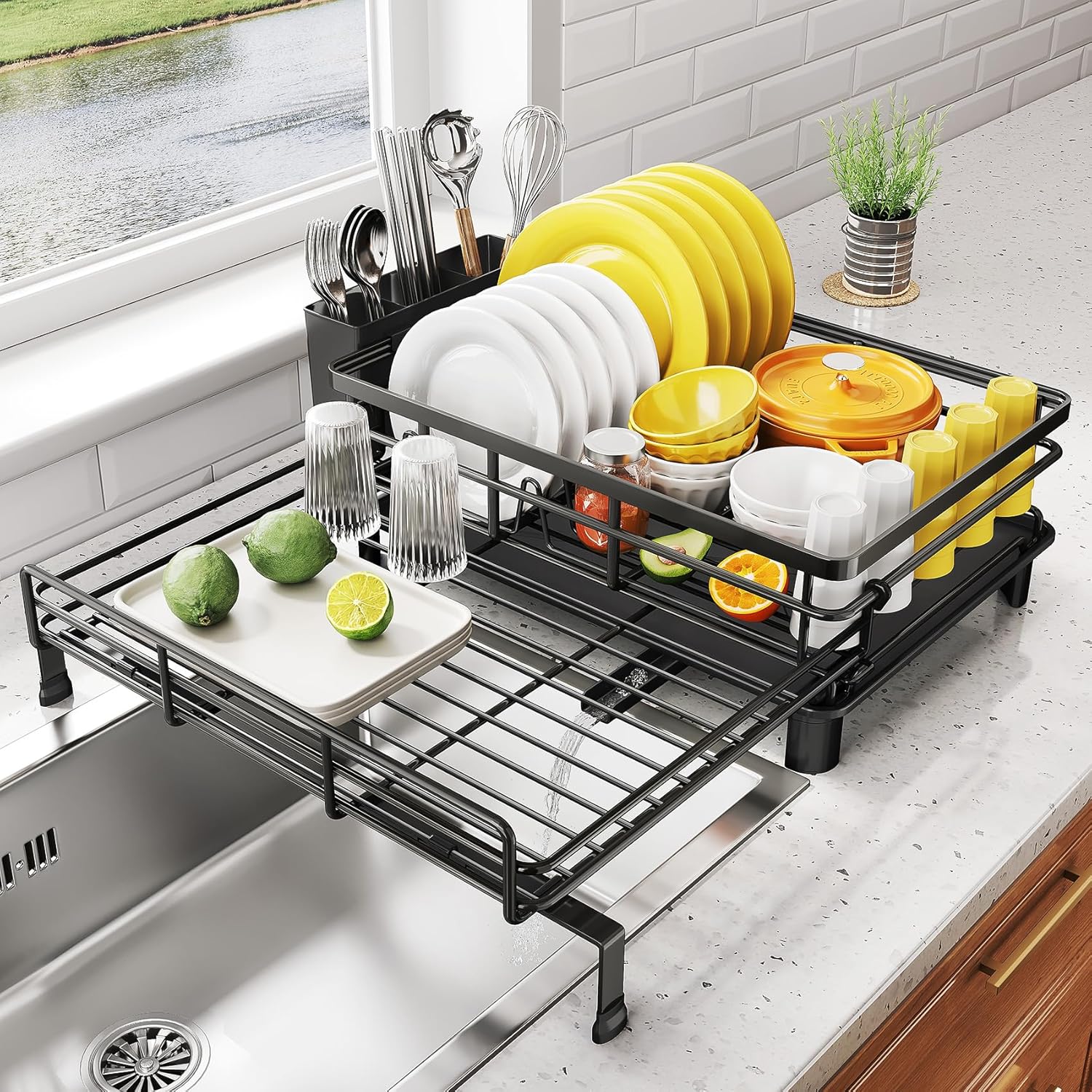 Extra-long extendable stainless steel kitchen dish drying rack